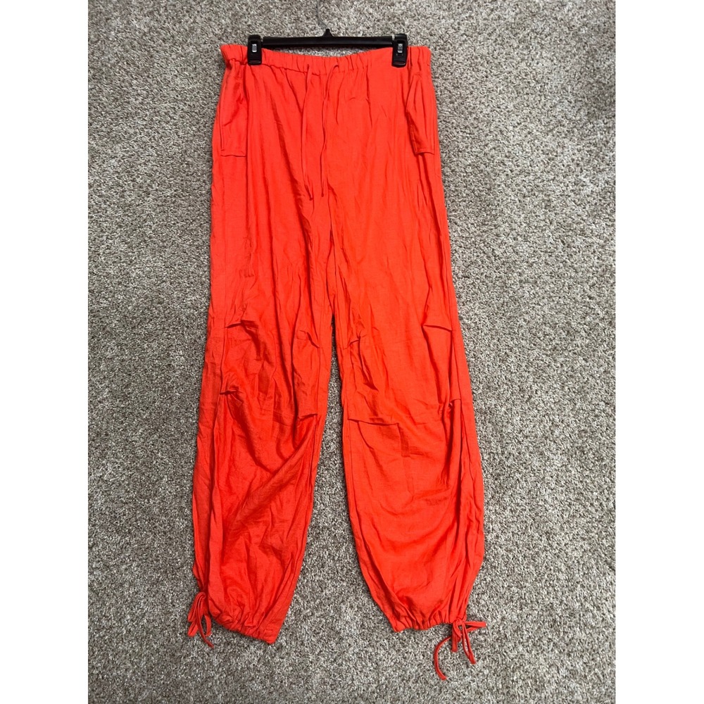 Love Tree Womens Orange Cargo Pants Elastic Waist Tie Cuff Joggers Large